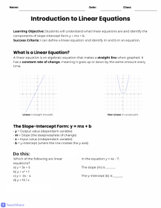 Introduction to Linear Equations Worksheet