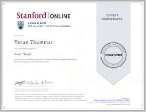 Game Theory Course Certificate - Stanford & UBC via Coursera