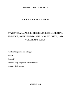 Stylistic Analysis of Songs by Adele, Christina Perri, Eminem, John Legend, Lana Del Rey, and Coldplay