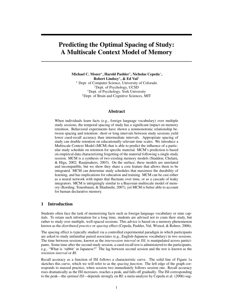 Predicting Optimal Study Spacing: Multiscale Context Model of Memory
