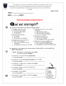 French Interrogative Words Practice Sheet for Grade 8