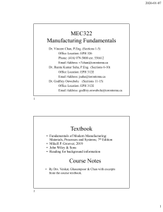 MEC322 Manufacturing Fundamentals Course Syllabus