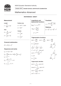 2027 HSC Mathematics Advanced Reference Sheet