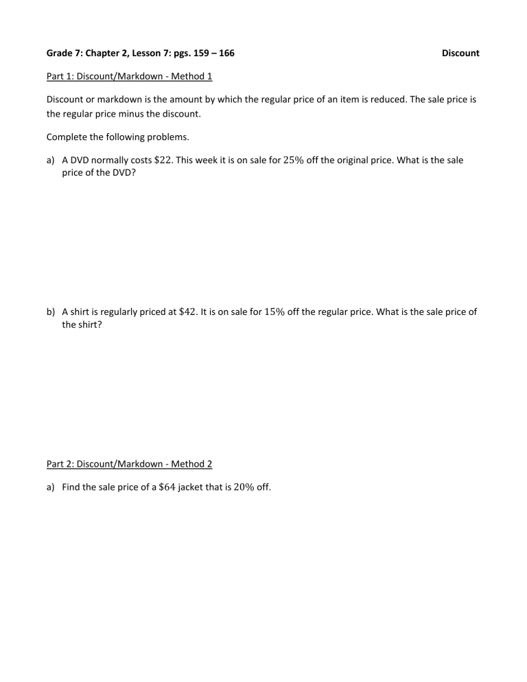 Grade 7 Math Lesson: Discount Calculations