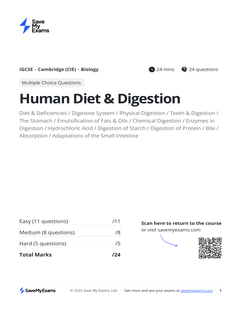 IGCSE Biology Quiz: Human Diet & Digestion