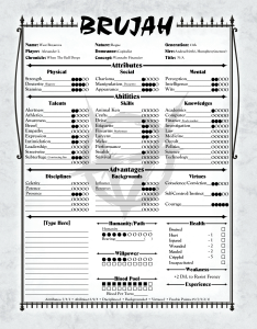 Brujah Vampire Character Sheet - Vampire: The Masquerade