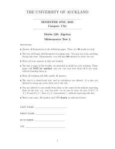 University of Auckland Maths 120 Algebra Midsemester Test 2