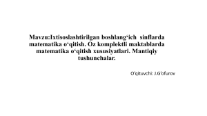 Ixtisoslashtirilgan Boshlang&lsquo;ich Sinflarda Matematika O&lsquo;qitish