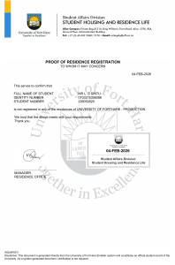 University of Fort Hare Proof of Residence Registration