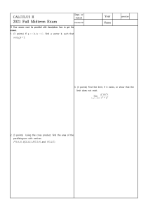 Calculus II Midterm Exam 2021