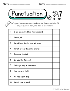 Punctuation Worksheet for Elementary Students
