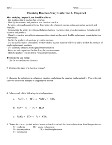 Chemistry Reactions Study Guide: Unit 6- Chapter 8
