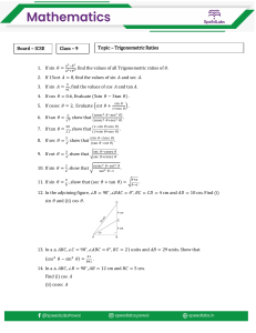 ICSE Class 9 Trigonometric Ratios Worksheet