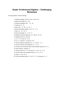 Grade 10 Advanced Algebra Worksheet