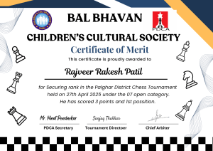 Certificate of Merit for Chess Tournament Winner