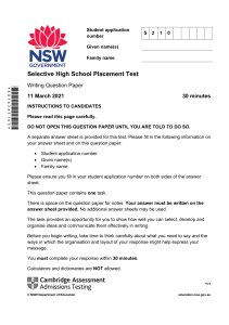 Selective High School Placement Test Writing Paper 2021