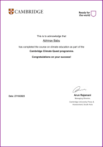 Cambridge Climate Quest Climate Education Course Completion Certificate