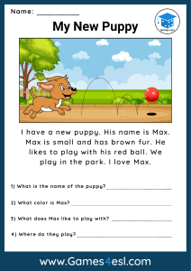 My New Puppy Reading Comprehension Worksheet