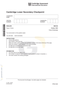 Cambridge Lower Secondary English Fiction Exam Paper 2023