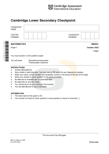 Cambridge Lower Secondary Mathematics Paper 1 October 2023