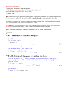 Maple Problem Set P4: Integrals, Functions, Equations