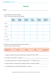 ESL Worksheet 1: Number - Cambridge Primary Math