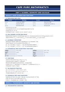 CAPE Pure Mathematics Formula Sheet Unit 1 & 2