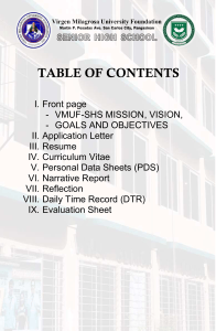VMUF-SHS Student Portfolio Table of Contents