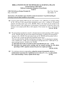 CHE F343 Process Design II MidSem Exam 2023-24