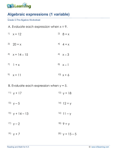 Hoja de trabajo de Pre&aacute;lgebra de 5&ordm; grado: Expresiones algebraicas (1 variable)
