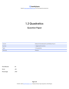 Edexcel A Level Maths Quadratics Question Paper