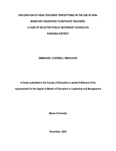 Head Teachers&rsquo; Perceptions on Non-Monetary Incentives for Teacher Motivation: Karonga District Case Study