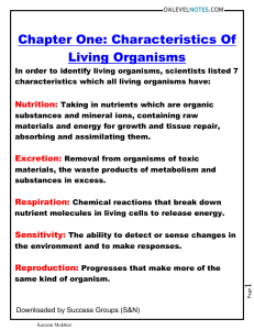 Characteristics of Living Organisms - Biology Chapter