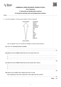 Cambridge Lower Secondary Science Stage 9 Unit 5: Reactivity Worksheet