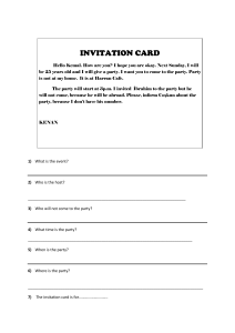 Invitation Card Worksheet - Birthday Party Comprehension
