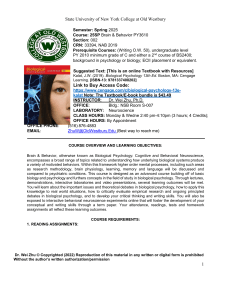 SUNY Old Westbury Brain & Behavior PY3610 Syllabus Spring 2025