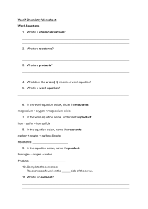 Year 7 Chemistry Worksheet: Word Equations
