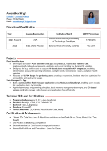 Awantika Singh Resume: MCA, B.Sc. Physics, React, Node.js