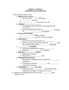 Introduction to Biology: Characteristics of Life Worksheet