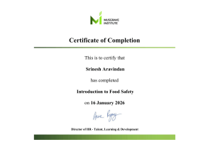 Certificate of Completion: Introduction to Food Safety