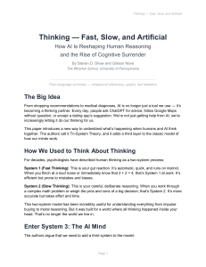 Thinking &mdash; Fast, Slow, and Artificial: AI's Impact on Human Reasoning