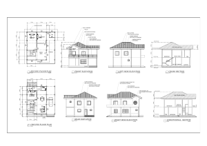 Architektoniczne plany budynku mieszkalnego: plany, elewacje, przekroje