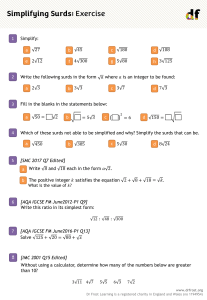 Simplifying Surds Exercise Sheet