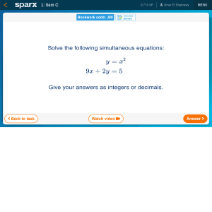 Resolver ecuaciones simult&aacute;neas: y=x&sup2;, 9x+2y=5