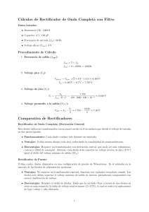 C&aacute;lculos de Rectificador de Onda Completa con Filtro