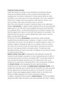 Investment Theory Summary: Risk, Return, Diversification