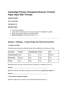 Cambridge Primary Science Practice Paper 2021