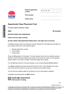 2022 Opportunity Class Placement Test: Thinking Skills
