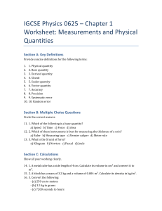 IGCSE Physics Worksheet: Measurements & Physical Quantities