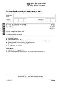 Cambridge Lower Secondary Checkpoint English as a Second Language Paper 2 Writing April 2020